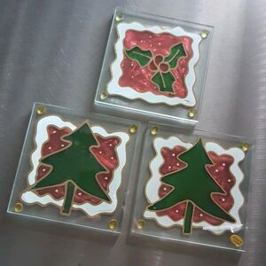 Lot Of 3 American Greetings Stained Glass Christmas Tree Holly Coasters